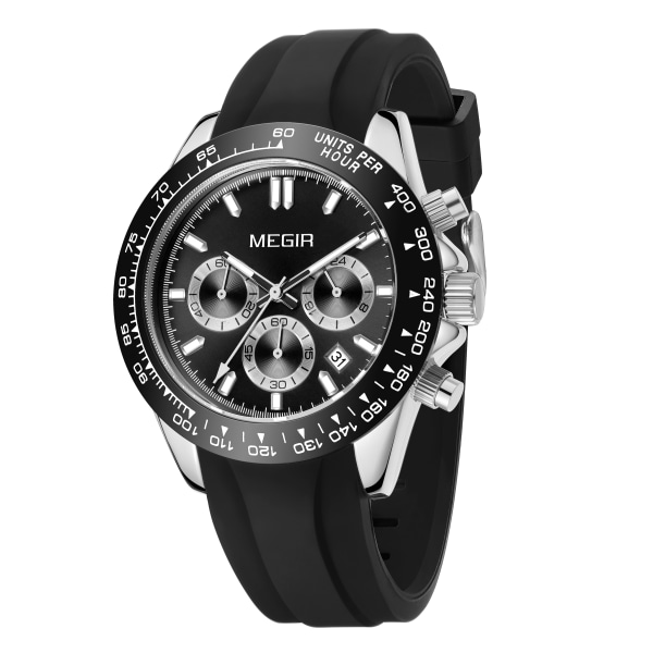 MEGIR Sports Herrklockor Toppmärke Herr Lyx Militär Quartz Watch Silikon Lysande Kronograf Man Klocka Watch 8104 SilverBlack