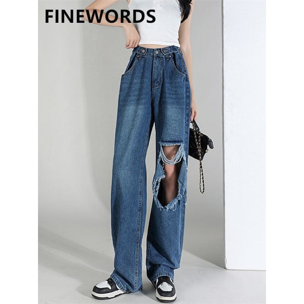 FINEWORDS 2022 Tvättad Casual Streetwear Ripped Big Hole Jeans Hög midja  Vintage Jeans Dam Streetwear Koreanska Lösa Punk Jeans Blue L 26f7 | Blue |  L | Fyndiq