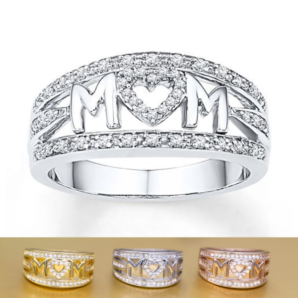 Utsökt Mom Love Hjärtformad Zirkon Ring Kopparpläterad Guld Silver Rose Golden & Tre färger Whitesilver US SIZE 10