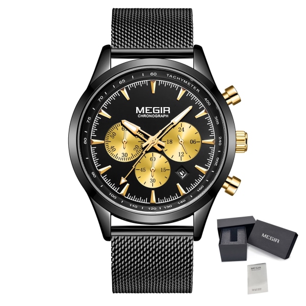 MEGIR Watch för män Top Märke Lyx Business Quartz Klockor Vattentät stål Watch Klocka Relogios Masculino 2153 GoldBlack