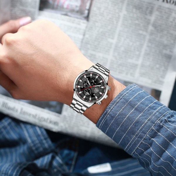 Lyxmärke Herr Företagsklockor Mode Herr Sport Vattentät rostfritt stål Quartz Watch självlysande klocka Leather Rose Blue