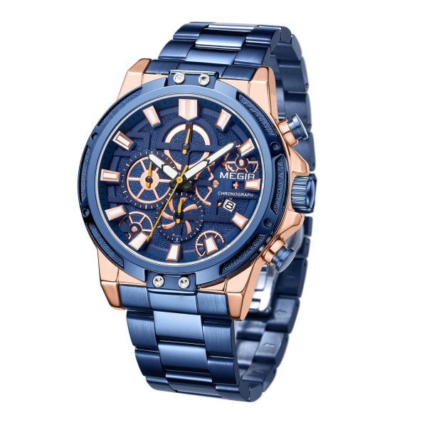 MEGIR Luxury Business Quartz klockor för män Armband i rostfritt stål Herr Casual Armbandsur Vattentät Man Clock Chronograph Black