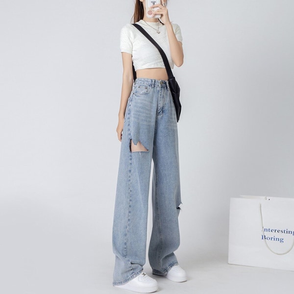 FINORD Vintage hög midja hål slitna jeans kvinnor koreanska Casual jeans med vida ben Streetwear Harajuku lösa klassiska jeansbyxor Blue M