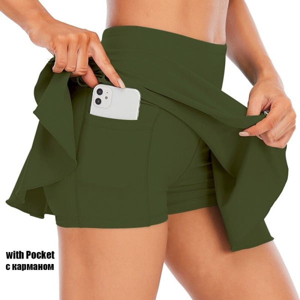 Cloud Hide Pocket Tenniskjolar Dam Sport Golf Plissékjol Candy Color Fitness Shorts Hög midja Snabbtorkande löparkort ArmyGreen S