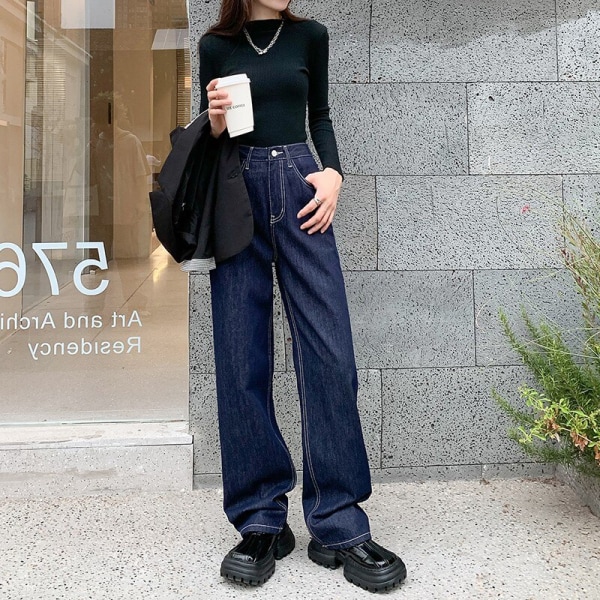 FINORD Vintage svarta jeans med hög midja koreanska Casual lösa jeans med vida ben Streetwear Hellängd Harajuku raka jeans Black S