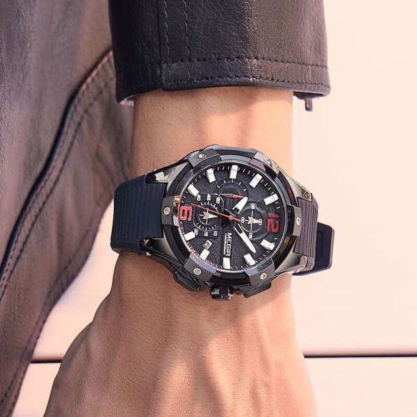 MEGIR Svart Watch Silikonband Luminous Chronograph Army Militär Sport Armbandsur Man Klocka Montre Homme Reloj Hombre RoseBlack