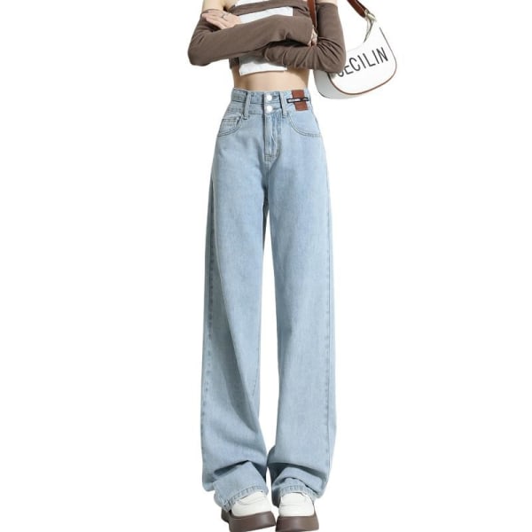 FINORD Vår Hög midja koreansk Casual Jeans med breda ben Dam Streetwear Lösa raka jeans tvättade Vintage Punk Mom Jeans Skyblue M