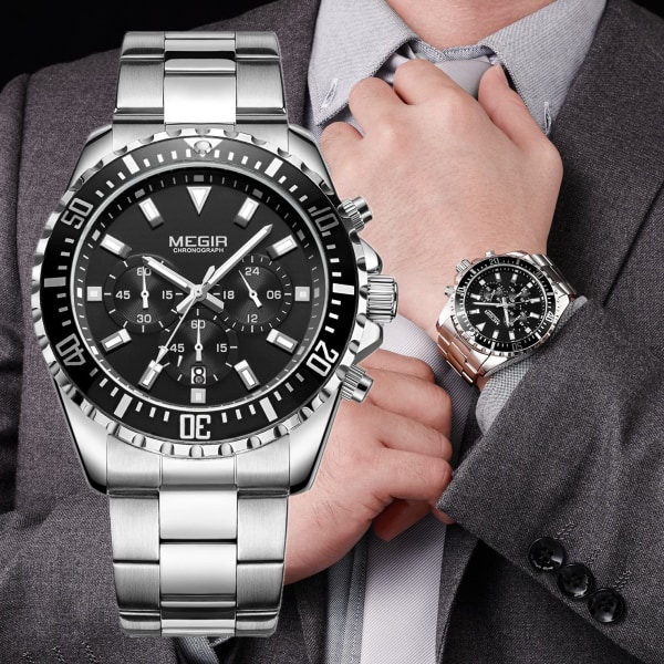MEGIR Luxury Business Quartz Watch Märke Rostfritt stål Kronograf Army Militär Watch Relogio Masculino Manlig Black
