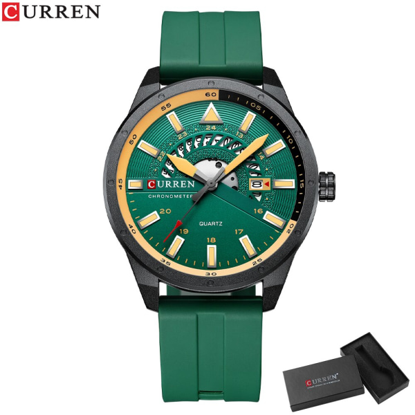 CURREN Populärt silikonband manliga kvartsklockor Mode Casual Vattentäta armbandsur för män Automatisk datum militärklocka green box