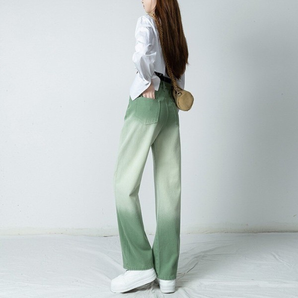 FINORD Vintage Casual Gradient Gröna jeans Dam Koreanska Jeans med hög midja Tvättade Full Längd Streetwear Lösa raka jeans Green L