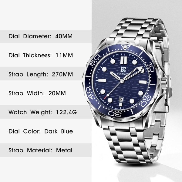 Klassiska män klockor Personlig Business Quartz Watch Present Silver Blue