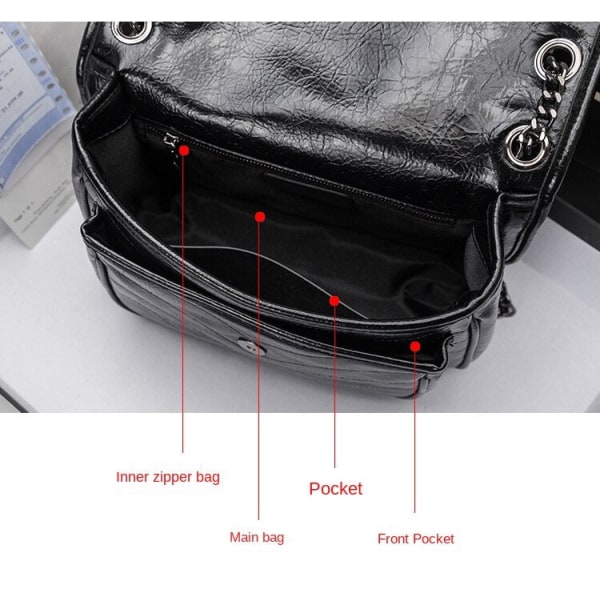 Dam handväska i äkta läder Crossbody Chain med en axel plisserad väska Black large