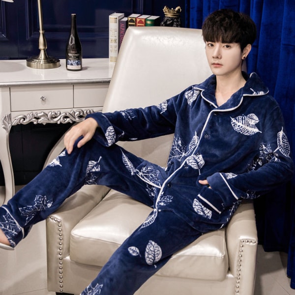 Förtjockade flanellpyjamas för män sovkläder för vintern navy blue L [100-125 kg]