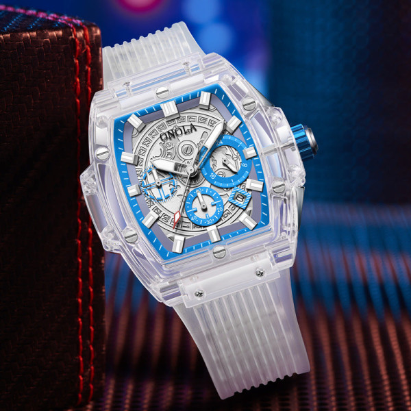 Klassiska män klockor Transparent case Multifunktionell lysande vattentät watch present white and blue 2