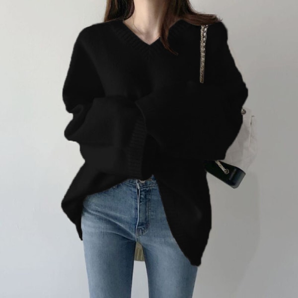Kvinnor flickor Stickad tröja V-ringad tröja Lös Idle Style Mellanlånga ytterkläder Black 62*59*114cm