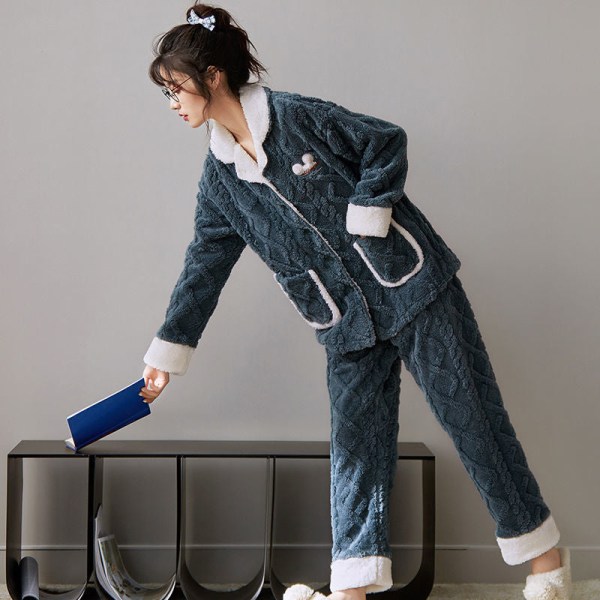 Coral sammet Pyjamas sovkläder för kvinnor CozyDreams Dam Tjock Pyjamas förtjockad flanell enkel hemkostym dark blue 2XL size [140-160 kg]