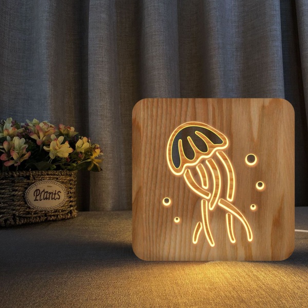 Långvarig LED Wooden Carving Night Light USB Power Manet kreativ T2253W