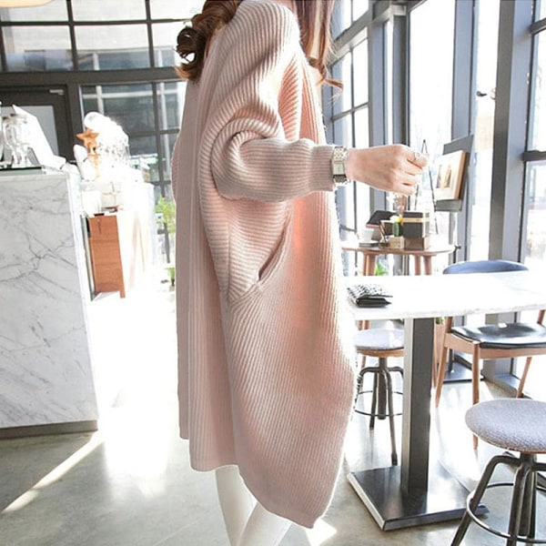 Dam flickor Stickad tröja mellanlång kofta Lös Batwing Sleeve Coat Light pink 78*116*62cm
