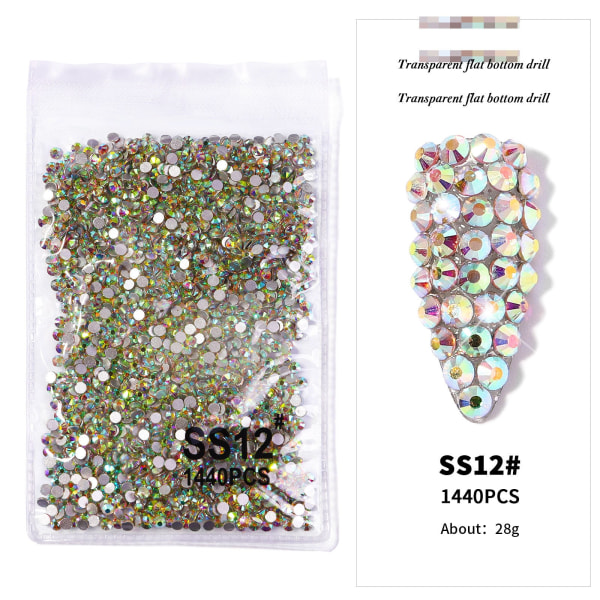 Nail Art Bag Rhinestone Silver Färgglad Transparent Flat AB Diamond 1440 PCs SS12AB（3mm）1440