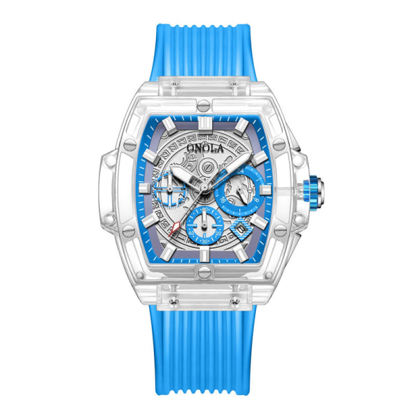 Klassiska män klockor Transparent case Multifunktionell lysande vattentät watch present white and blue 2