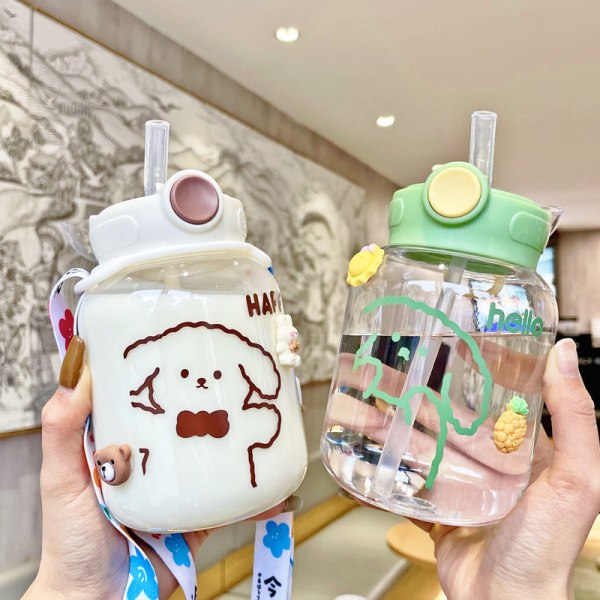 Läcksäker vattenflaska för barn Söt barn Enkelt snygg söt med halm Bärbar anti-fall plast Pink 600 ml