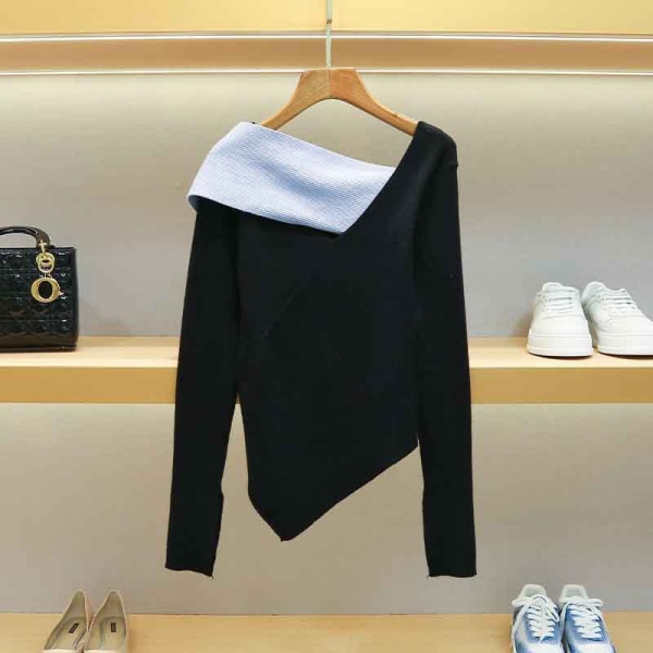 Dam flickor Stickad tröja långärmad asymmetrisk färgeffekt krage slimmad topp Black L