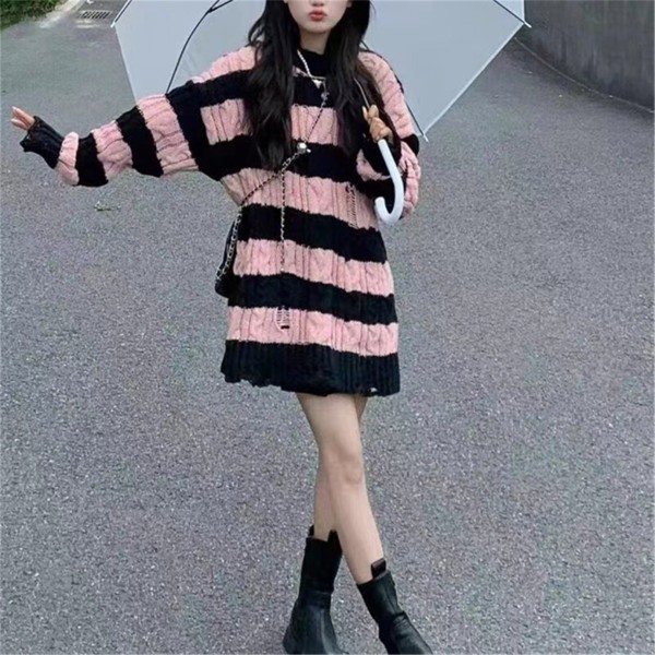 Dam flickor Stickat Tröja Hål Pullover Stripe Löstsittande Ytterkläder Topp Black Pink 65cm< length ≤80cm