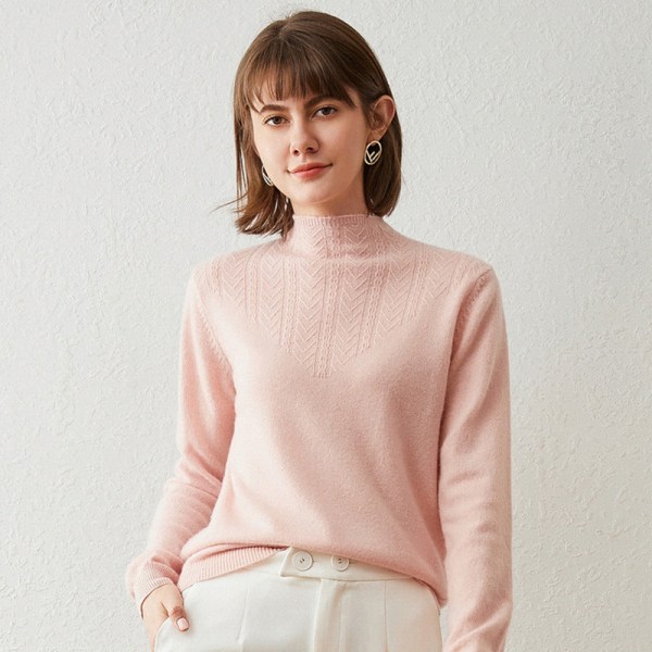 Kvinnor flickor Stickad tröja koreansk stil halv turtleneck spets bottenskjorta Innerkläder Pink L