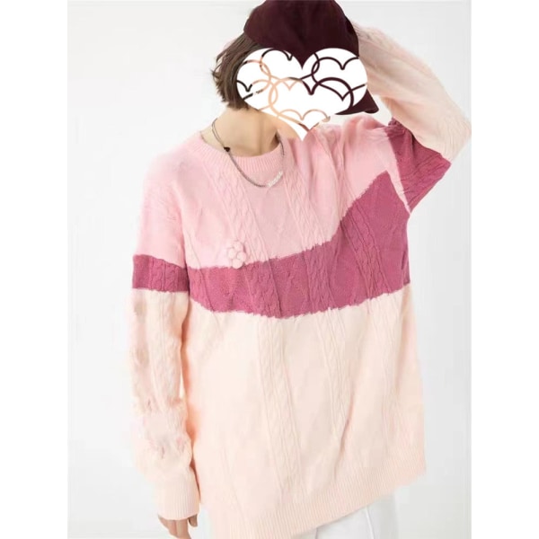 Dam flickor Stickat tröja GentleGlutinous Twist Rund Neck Pullover Lös Färgmatchning Pink 65*106*43cm