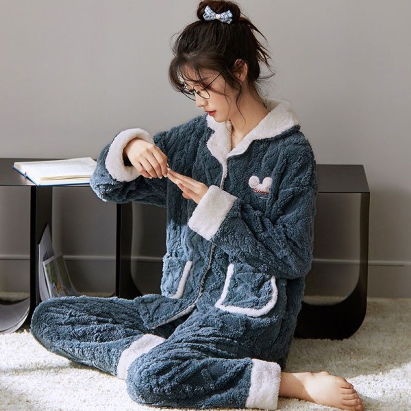 Coral sammet Pyjamas sovkläder för kvinnor CozyDreams Dam Tjock Pyjamas förtjockad flanell enkel hemkostym dark blue M size [80-100 kg]