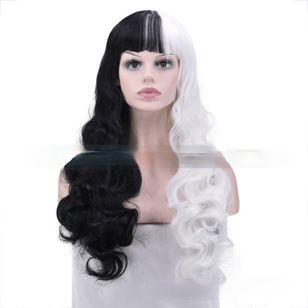 Kvinnor peruk Medellånga svart och vitt långt lockigt hår Huvudbonader W213 Right Black left White
