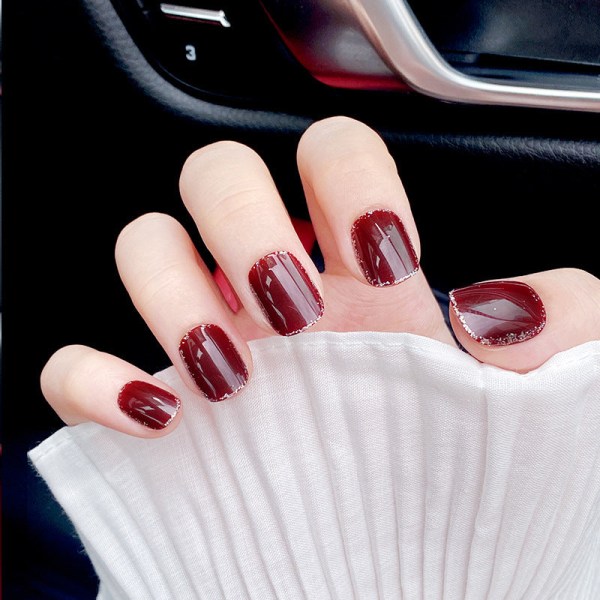 False Nails Fake Art DIY Finger Cover Kort fyrkantig rund Vit Ins Vinröd Silver Edge Wine Red