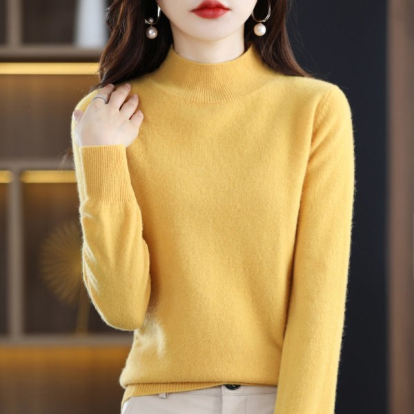 Dam flickor Stickad tröja Halvkrage ulltröja Inner lös topp bottenskjorta Warm yellow M