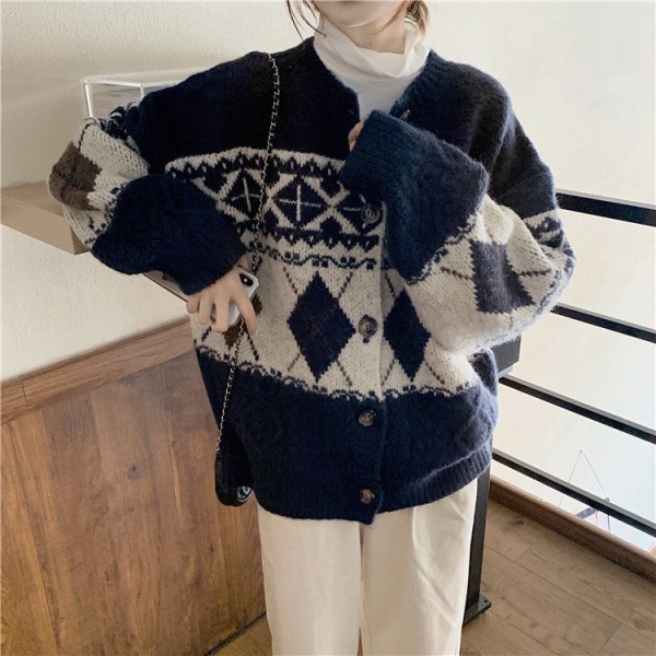 Dam flickor Stickad tröja Lazy Sweater Cardigan Löstsittande retro jacquardjacka Navy blue 61*126*49cm