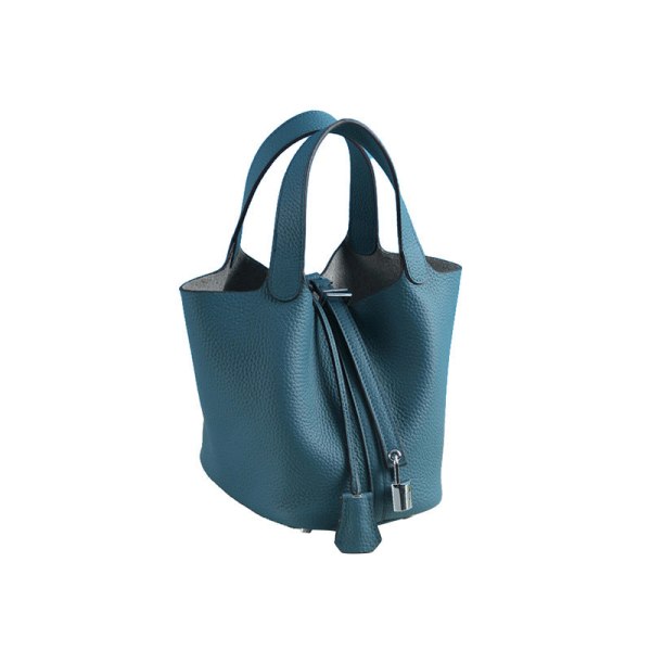 Dam Handväska Läder Handväska First Layer Cowhide Bucket Bag väska Small/18cm Lake Blue (peacock blue)