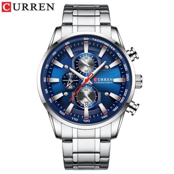 Klassisk Business Casual Watch Quartz Waterproof Watch MZMW-8351 Silver strap blue dial
