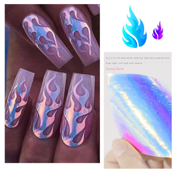 Nail Art Flame Stickers Laser Magic Color med självhäftande tejp 16 färger Set 16 flame mixed stickers