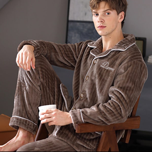 Herr flanell höst- och vinterpyjamas sovkläder Förtjockad Coral Velvet Suit light coffee M