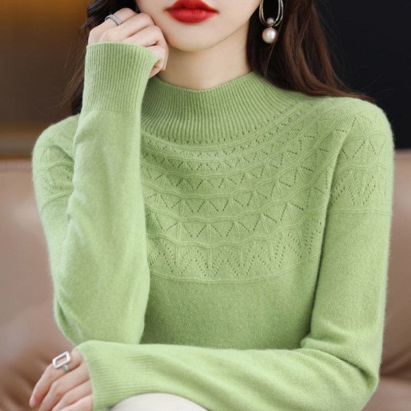 Dam flickor Stickat tröja Mjuk klibbig sömlös Halvkrage Ull Ihåliga ytterkläder Fruit Green M