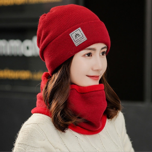 Kvinnor Män Stickade Mössor Hattar Varm Ull Fleecefodrade Öron Koreanska Män Unisex Dashan label wine red Hat scarf 2-piece set M