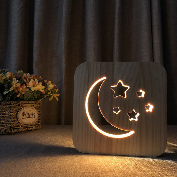 Långvarig LED Wooden Carving Night Light USB Power Moon creative T1871