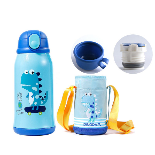 Läcksäker vattenflaska för barn Söt barn med dubbelt lock Vattenkokare Värmehållande bälte Halm i rostfritt stål Pink 580ml