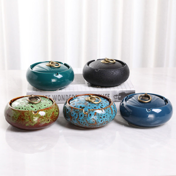 Hem Askfat Northern Ceramic Home Enkelt Snyggt lock Vindtätt Keramik Trend Ashtray-Emperor kiln dark green