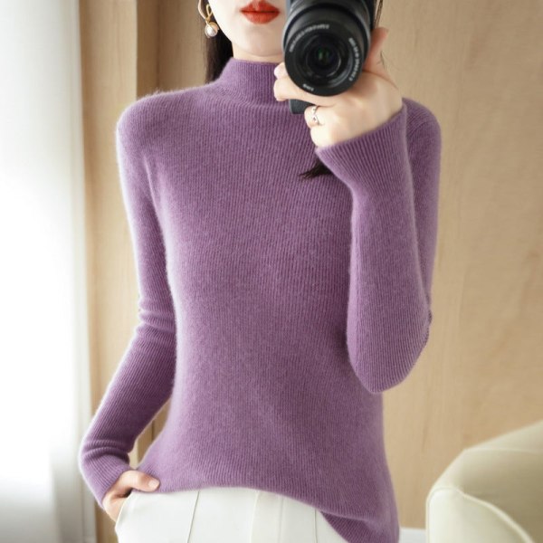 Kvinnor flickor Stickad tröja Halv turtleneck Slim Bottoming Shirt Mode Inner Match Tight Dark purple 39*60*59cm