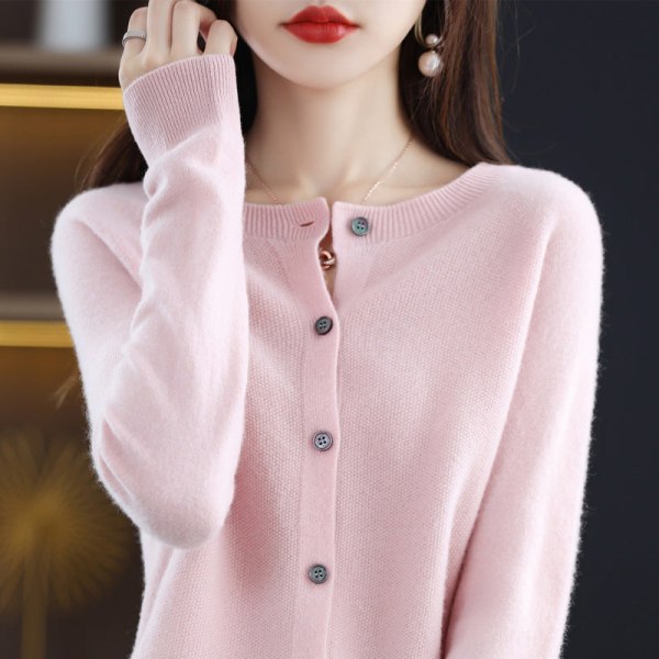 Dam flickor Stickat tröja Koreansk rundhals Enfärgad Ull Stickad kofta Yttertoppar Pink M
