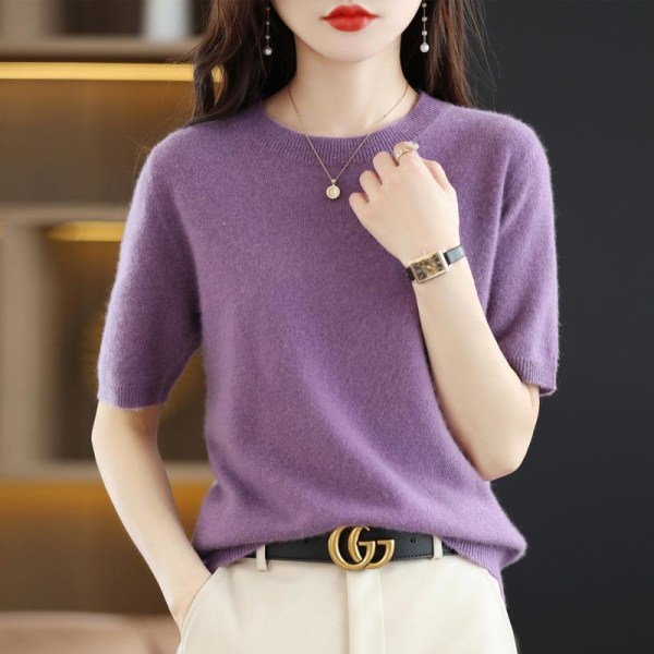 Dam flickor Stickat tröja Kortärmad Lös Innerkläder Botten Halvärmad Lös Purple M