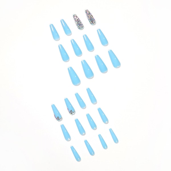 False Nails Fake Art DIY Finger Cover Long Sky Blue Full Diamond Finished Avtagbar JP1139
