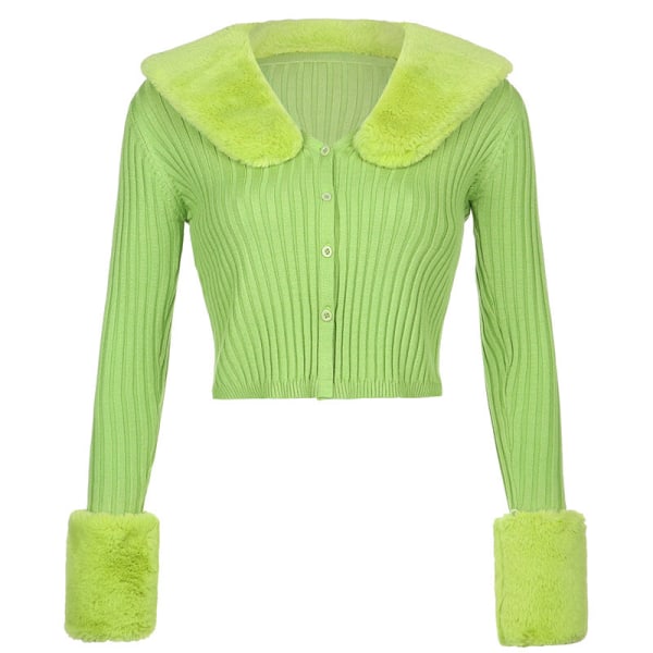 Dam flickor Stickad tröja Pälskrage Enfärgad Mode Slim Fit Slimming Cardigan Green L