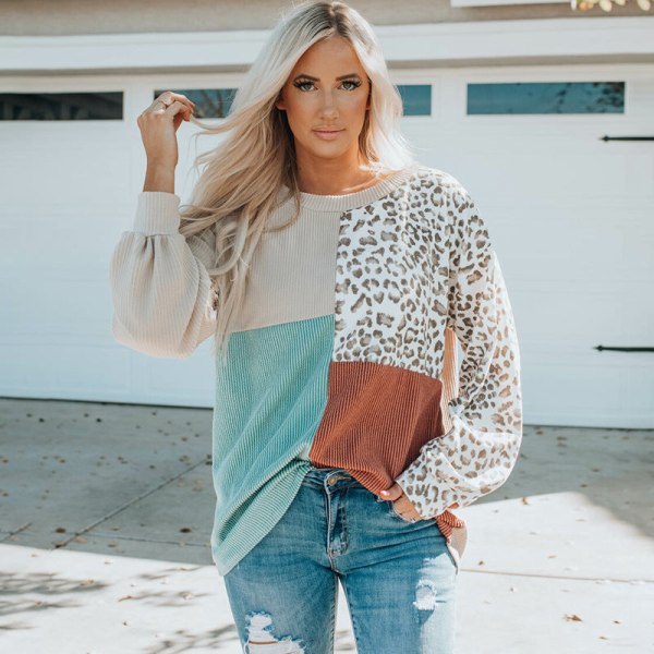 Kvinnor flickor Stickat tröja Leopard Print Mode Långärmad Topp Beige S