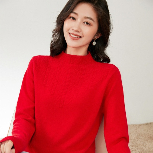 Kvinnor flickor Stickad tröja koreansk stil halv turtleneck spets bottenskjorta Innerkläder Red XXL